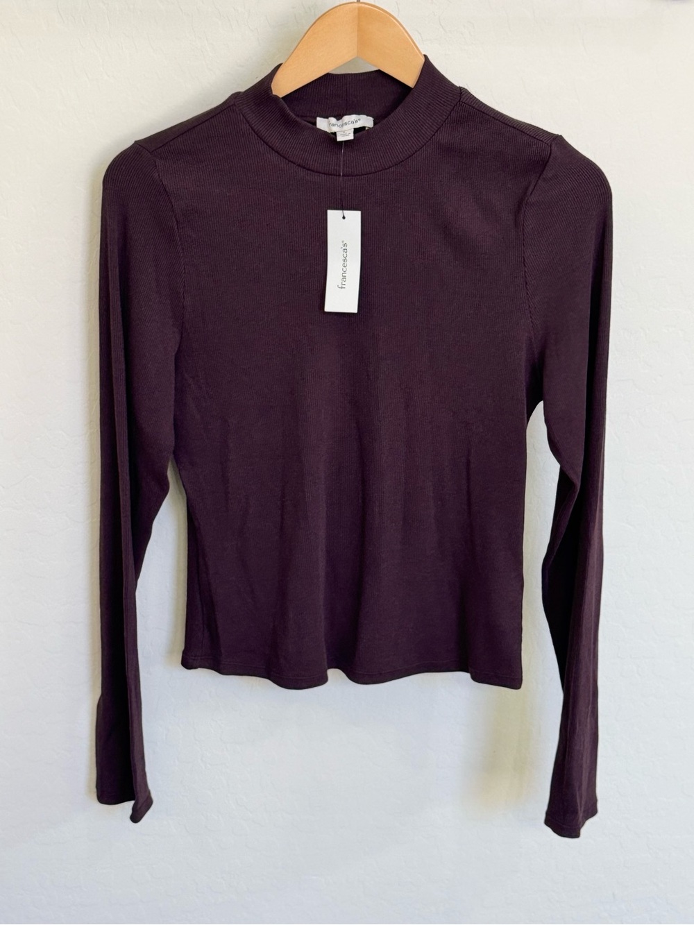 Francesca's Alyson Mock Neck Long Sleeve Ribbed Knit Top Dark Brown Large NWT